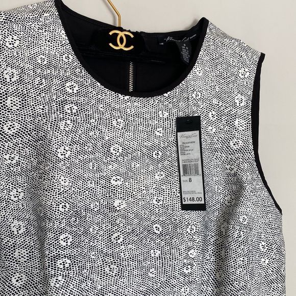 🔴 NWT Kenneth Cole Black White Blue Multi Print Shift Cocktail Dress - Picture 9 of 14